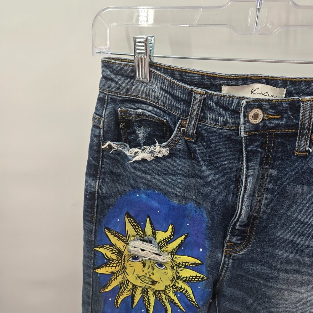 Kancan Blue Sun Moon Painted Distressed Raw Edge Jeans Waist 24 Size 1 - Picture 2 of 15